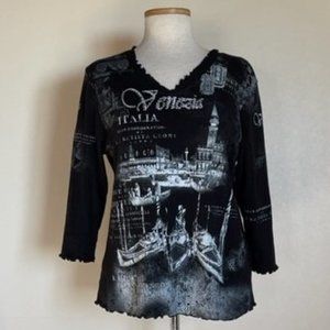 cactus rhinestone Venezia Italia black tee shirt top sz L